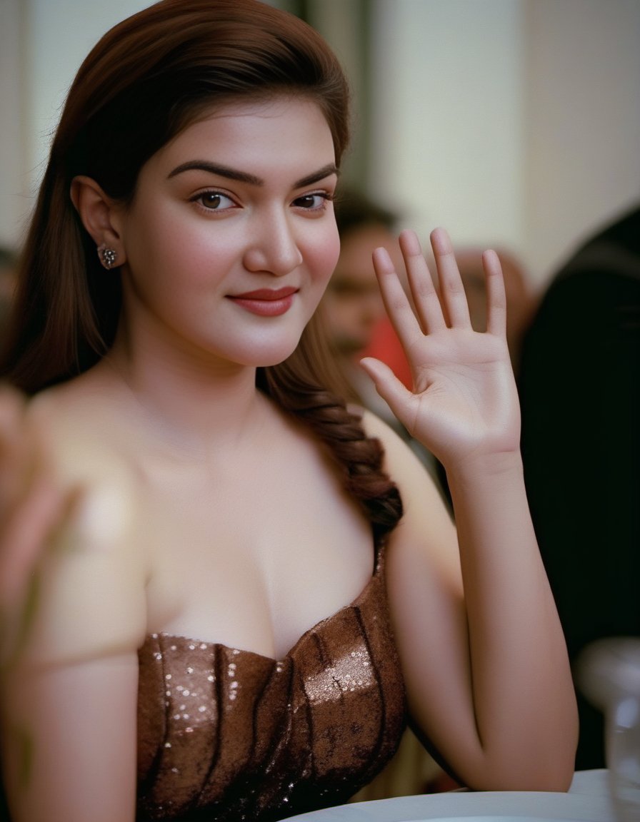 HoneyRose,<lora:HoneyRoseSDXL:1>,age 30, film grain, movie scene snapshot, long brown hair, wearing gala dinner dress, upper body, close up, waving goodbye, looking at viewer, front facing camera, motion blur, depth of field, exceptional detail