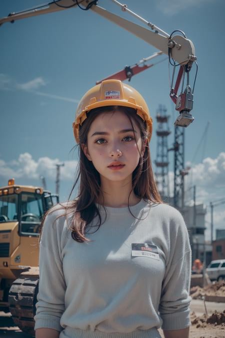 (realistic:1.3) , finely detailed, quality, (masterpiece:1.2) , (photorealistic:1.2) , (best quality) , (detailed skin:1.3) , (intricate details) , ray tracing, dramatic, 1 girl, (cute Ethereal Female), (film grain:1.2), Construction site, Bulldozer, Hard hat, Crane, Cement mixer, Steel beams, Workers
