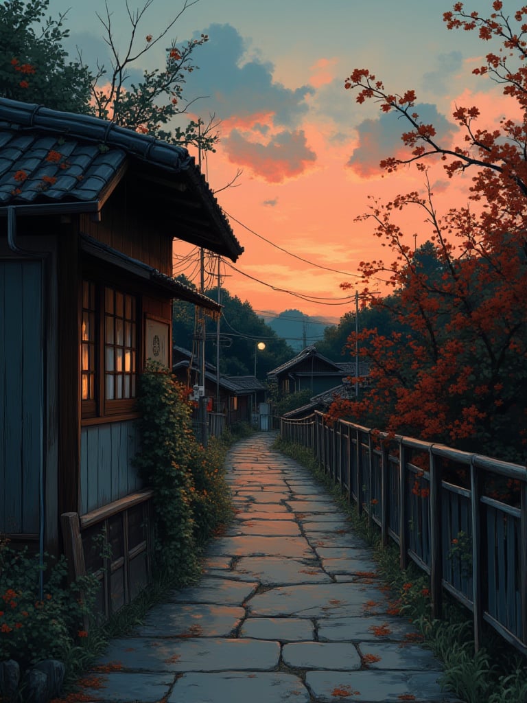 OBfencai,This image is a digital illustration depicting a serene, twilight scene in a rural Japanese setting. The foreground features a narrow, wooden walkway bordered by a rusty, metal railing on the left side, leading the eye towards the horizon. On the left, a small wooden structure with a sloped roof and a weathered appearance is partially visible, adorned with climbing plants. The right side of the path is flanked by lush, reddish-brown foliage, 