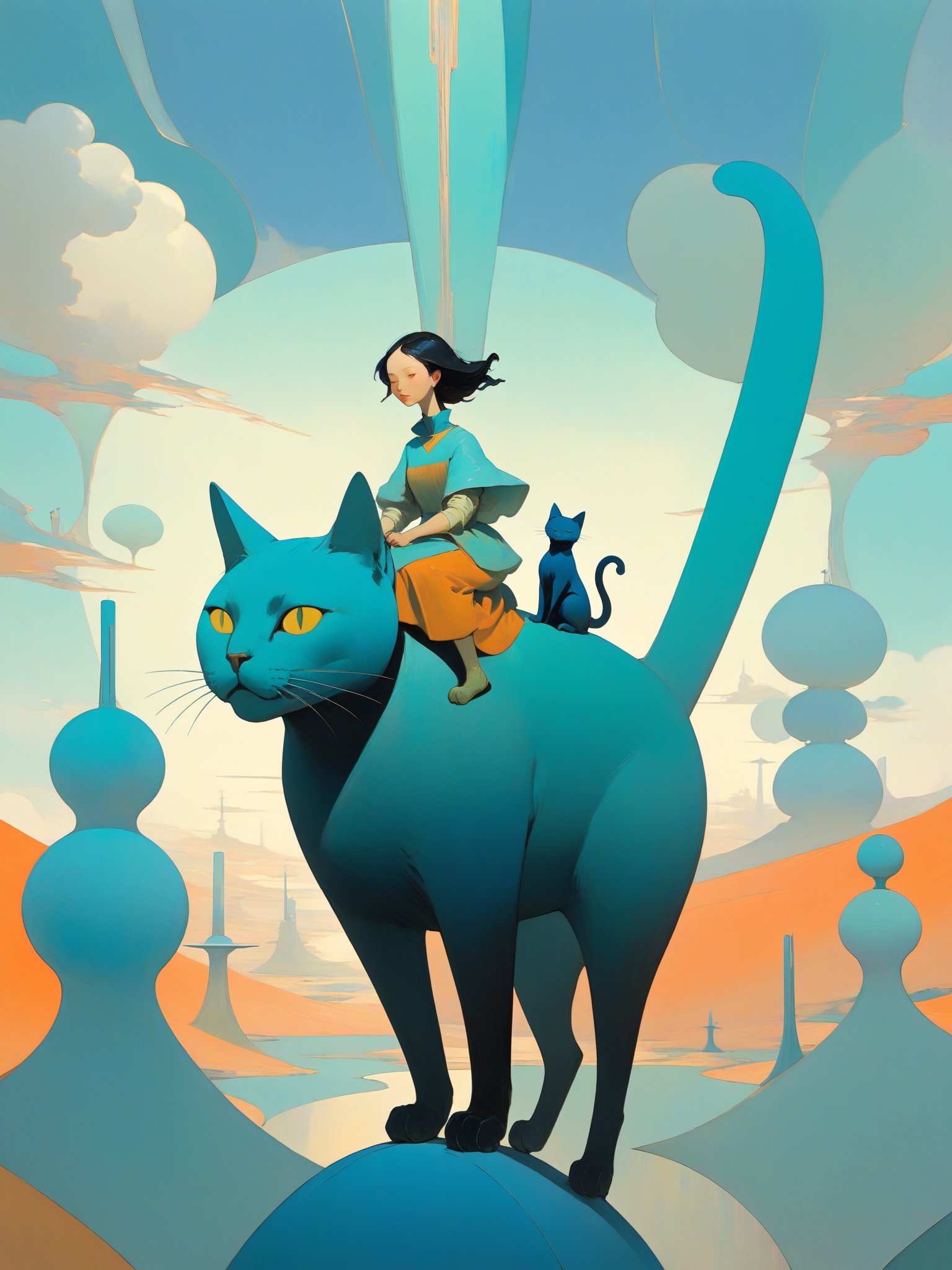 Narrow Figural Woman riding a Cat, at Overcast, horizon-centered, Cathode tube, biomorphic forms