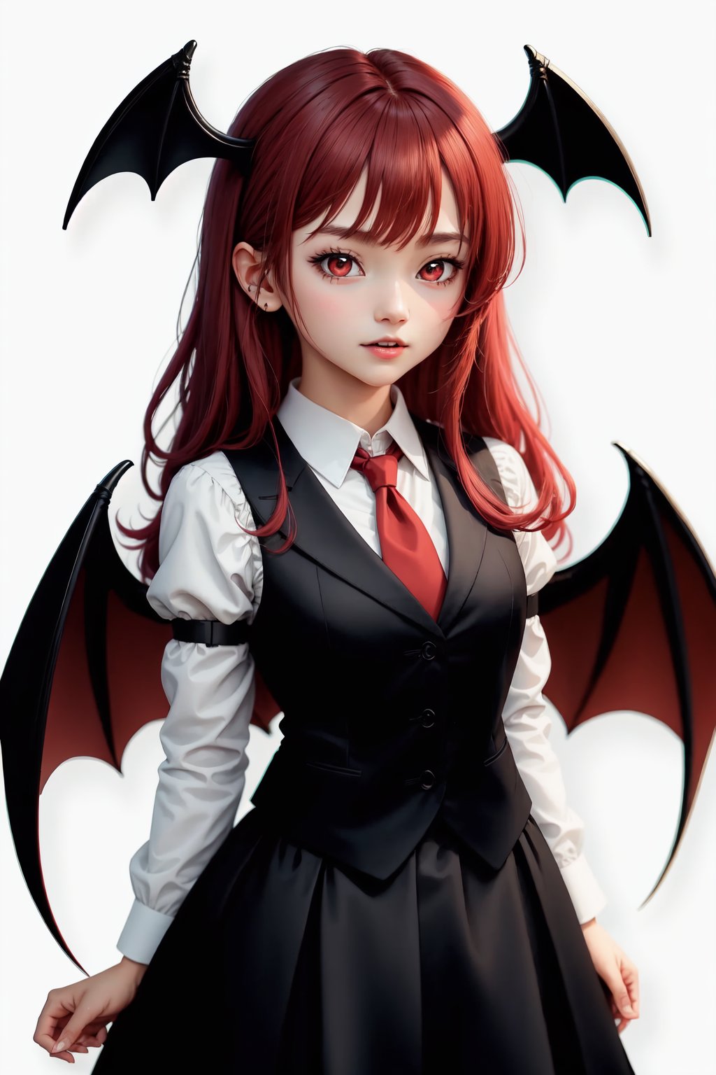 koakuma,1girl,head_wings,bat_wings,solo,red_necktie,open_mouth,black_vest,white_shirt,looking_at_viewer,simple_background,blush,long_sleeves<lora:koakuma:1>,simple background,white backgroundmasterpiece,best quality, highly detailed, 