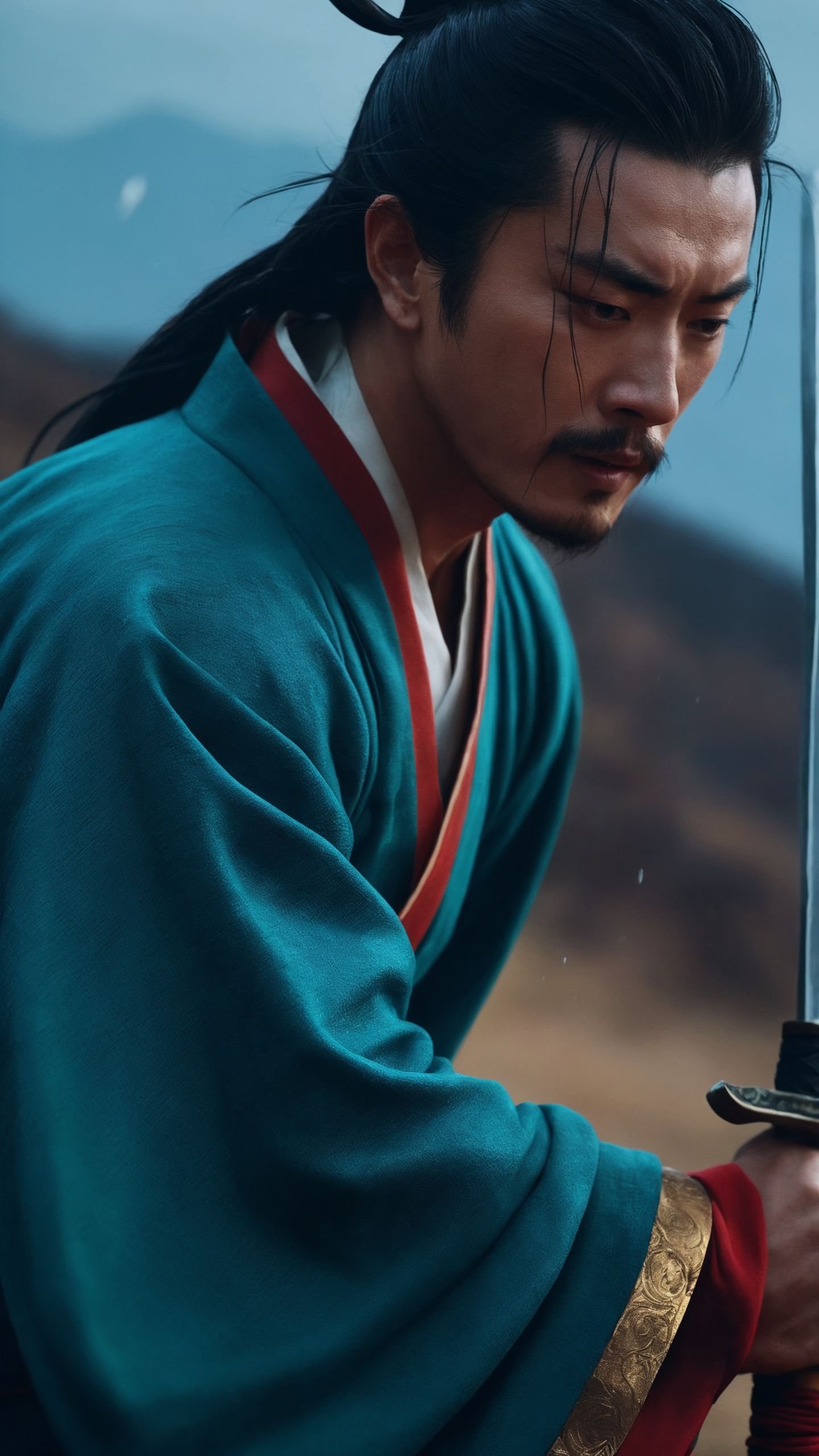 Hero cinematic still a man in hanfu,Joyful,wuxia,swordman. emotional,harmonious,vignette,4k epic detailed,shot on kodak,35mm photo,sharp focus,high budget,cinemascope,moody,epic,gorgeous,film grain,grainy. Color-themed narratives,calligraphy,strategic battles,palace intrigue,vast deserts,rain-soaked duels,cinematic,highly detailed,romantic,precise,extremely beautiful,mystical,dramatic ambient,intricate detail,color,clear,perfect light,great composition,striking,iconic,rich deep colors,winning new classic,fantastic,creative,positive,imaginative,vibrant,confident,pure,rational,