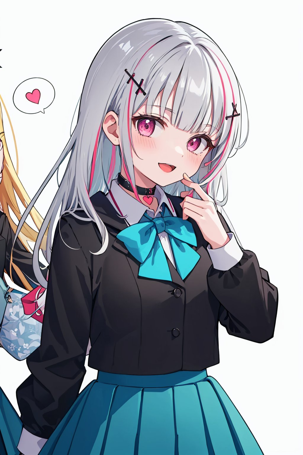 masterpiece,best quality, highly detailed, asumi sena, black choker, school uniform, hair ornament, white shirt, grey skirt, 2girls, collared shirt, white background, black jacket, pleated skirt, virtual youtuber, smile, blush, hood, bowtie, heart choker, solo focus, simple background, open mouth, plaid skirt, speech bubble,<lora:asumi_sena:1>