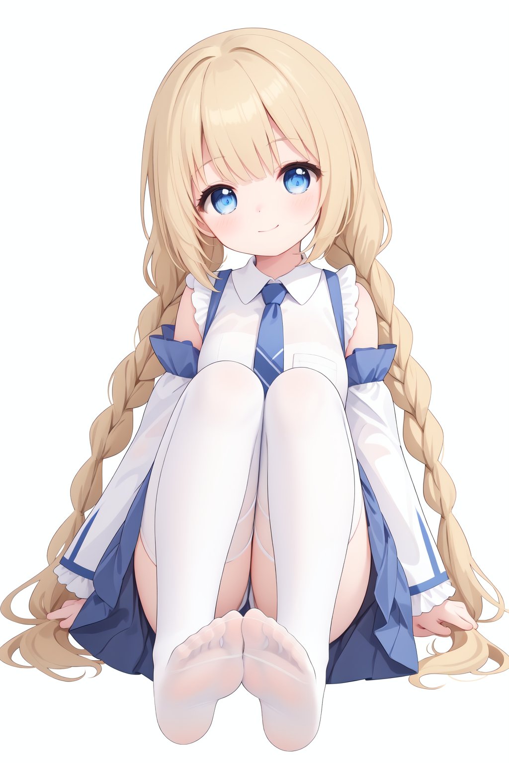 1girl,solo,no shoes,long hair,blonde hair,blue eyes,white thighhighs,white background,detached sleeves,feet,looking at viewer,hair bow,closed mouth,wide sleeves,blue skirt,blue necktie,twin braids,bangs,blue sleeves,full body,soles,knees up,smile,