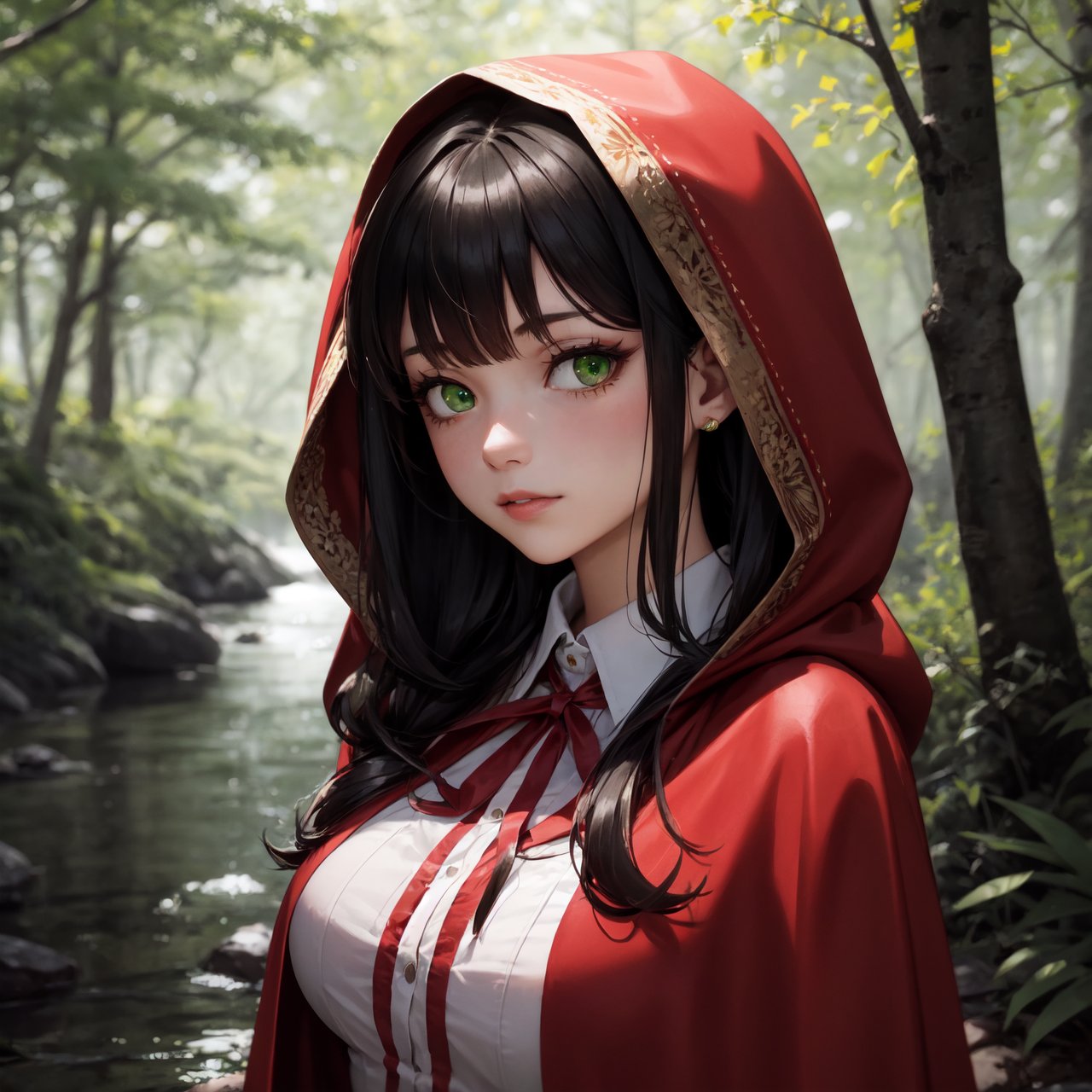 1girl,  busty,  brunette,  long hair,  (highly detailed green eyes:1.2),  long eyelashes,  soft smile,  wearing red hooded cape,  simple white dress,  red ribbon,  (solo female:1),  forest,  woods,  creek,  portrait