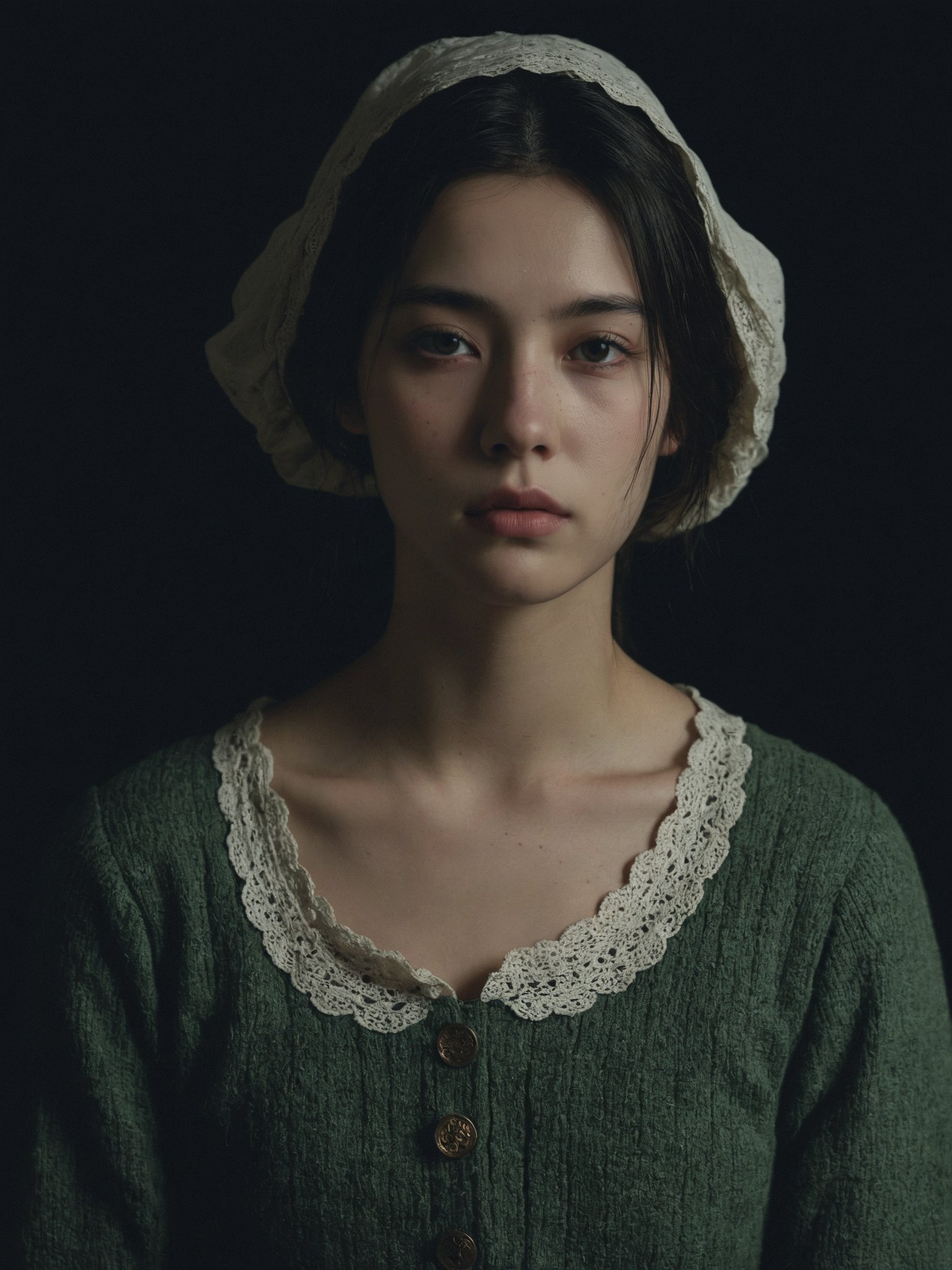 19th century,northern scotland,(full body shot:1.2) of a feverish irish young woman,18 yo,slightly parted lips,serious expression,smug,in a (dark ancient room:1.2),skin bump,skin pores,skin fuzz,vellus facial hairs,subsurface scattering,transluscency,goose bump,micro details,(natural backlighting:1.3),rim light,(dim light:1.2),soft shadows,depth of field,