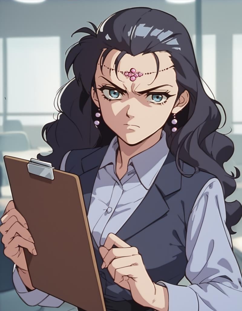 score_9,  score_8_up, score_7_up, source_anime, <lora:lydia-ponyxl:0.9> lydia, circlet, 1girl, clipboard, annoyed, looking at viewer, office lady