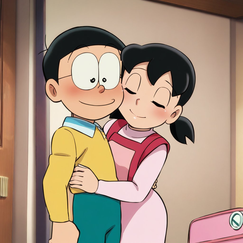 (nobi nobita), (couple, hetero, 2person), 1girl, 1boy, hug, smile, blush, closed eyes, minamoto shizuka, low twintails, masterpiece, best quality,<lora:minamoto shizuka and nobita anim:1>