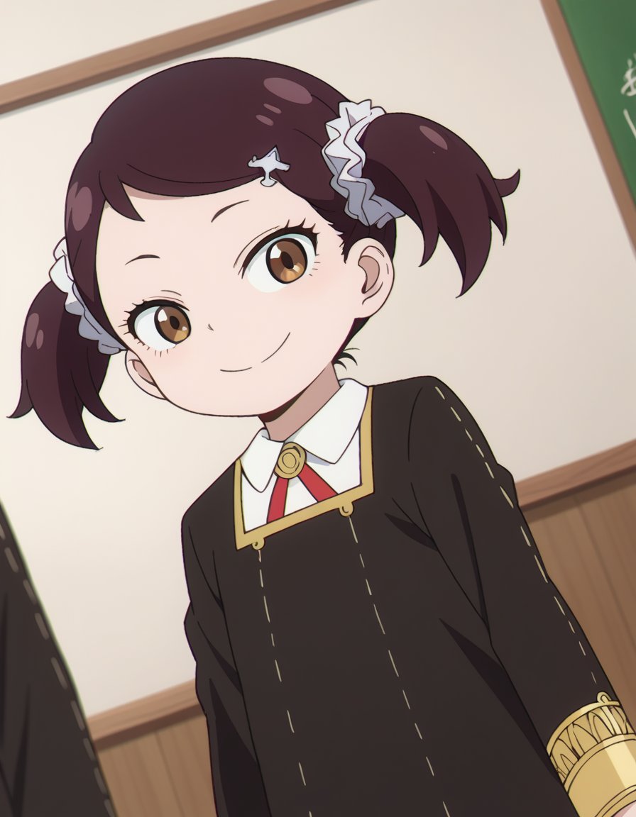 score_9, score_8_up, score_7_up, source_anime,beckyblackbell, <lora:becky-blackbell-s1-ponyxl-lora-nochekaiser:1>becky blackbell, black hair, hair ornament, twintails, hairclip, scrunchie, hair scrunchie, brown eyes,long sleeves, dress, school uniform, socks, black dress, eden academy school uniform,indoors, classroom, smile,looking at viewer, dutch angle, cowboy shot