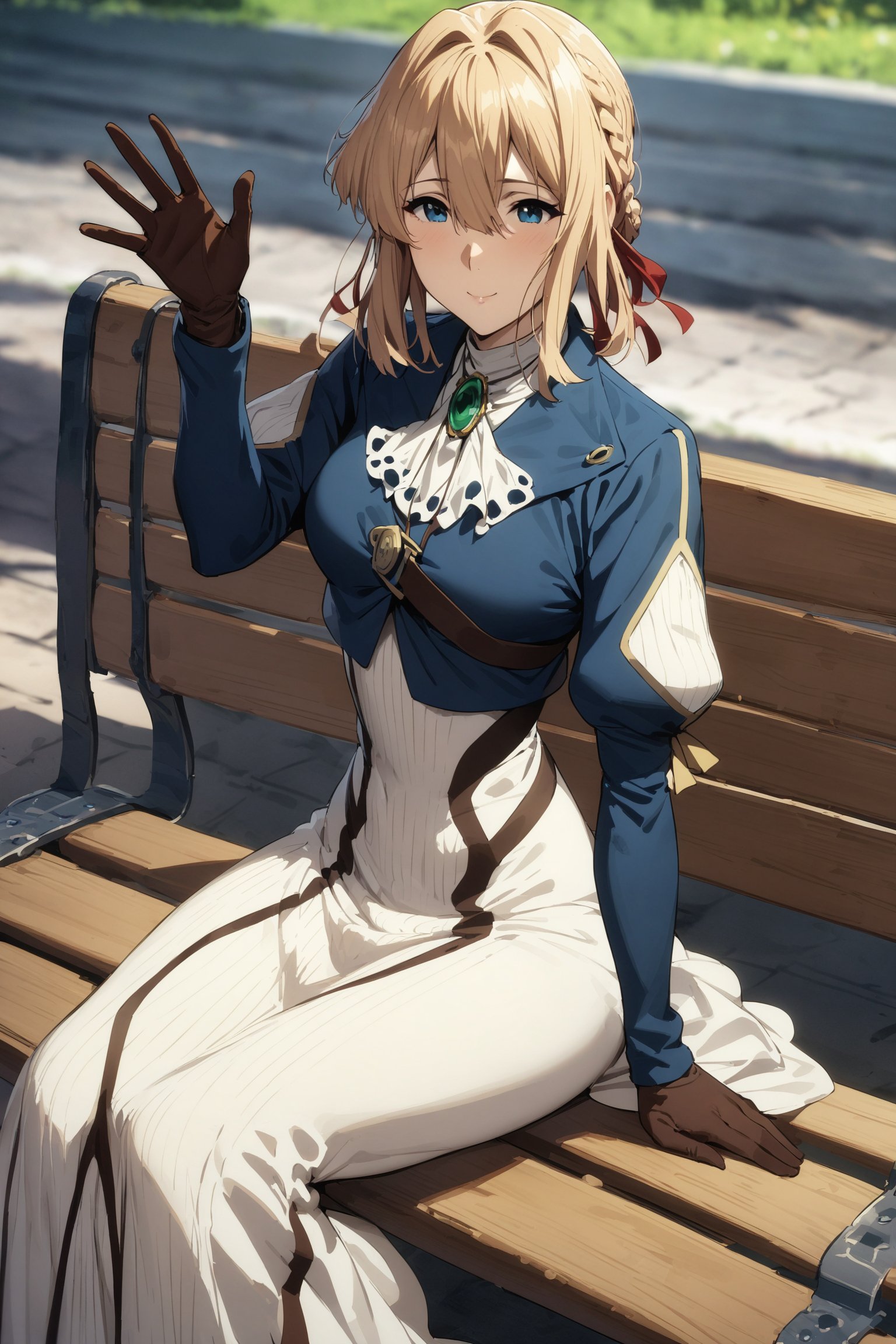 masterpiece, best quality, very aesthetic, absurdres, aave, braid, hair ribbon, red ribbon, jewelry, white ascot, brooch, blue jacket, long sleeves, brown gloves, white dress, long dress, <lora:violet_evergarden_XL_v1(anima):0.9>, sitting, (waving:1.1), bench, outdoors, smile