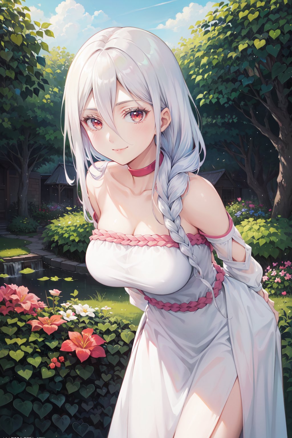 (best quality, ultra detailed), (detailed background:1.2), (perfect face, detailed face), looking at viewer, (mature female:1.4), smile<lora:shiraori-10:1> shiraori, 1girl, long hair, hair between eyes, braid, dress, white dress, very long hair, single braid, choker, bare shoulders, wide sleeves, large breasts(outdoors, garden, standing, arms behind back, leaning forward)    