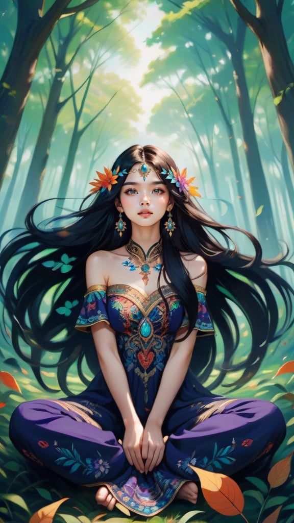 4n1v3rs3, a gentle breeze blows through the air, causing the leaves of the trees to dance in the wind. Amidst the trees, a woman with long black hair sits on her head, her arms resting on his chest. Her hair is adorned with intricate patterns and symbols, original, surreal, elaborate, flowing, creative, vivid colors