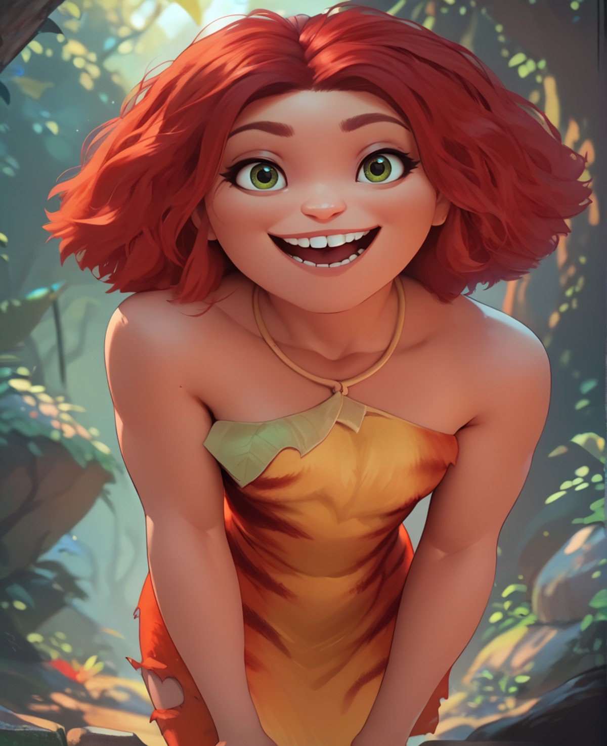 score_9,score_8_up,score_7_up,score_6_up,eepxl,red hair,green eyes,short hair,looking at viewer,leaning forward,open mouth,Dress,necklace,bare shoulders,animal print,torn clothes,smile,rocky forest,<lora:Eep:0.9>,