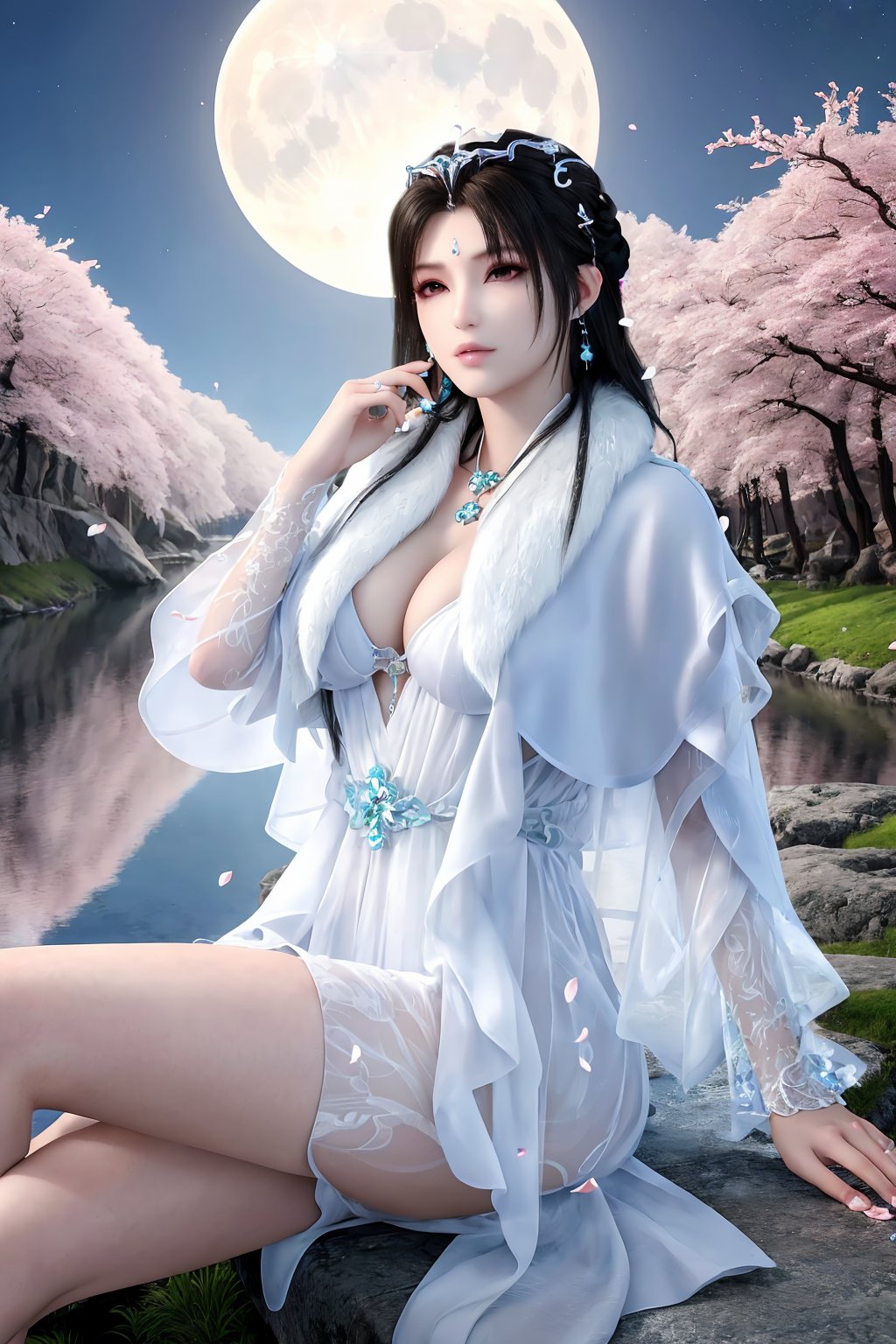 sitting, dress, chinese_clothes, long_sleeves, looking_at_viewer, (best_quality), (highly_detailed), (masterpiece), (ultra-detailed), illustration,(incredibly_absurdres), (extremely_detailed_CG_unity_8k_wallpaper), (8k_wallpaper),(realistic:1.2), (photorealistic:1.3),(scenery, waterfall, (cherry_blossoms), (milfeulle_sakuraba), (petals, falling_petals), full_moon, moon, night, moonlight, night_sky, sky, petals, water, stone),1girl,solo, black_hair, long_hair, hair_ornament,  jewelry, earrings, (cleavage), white_legwear, long_legs, fingernails,nail_polish, makeup,photo_\(medium\),(crystal_texture_skin:1.3), (shiny_skin:1.4),(an_extremely_delicate_and_beautiful),<lora:syqiangk_加强_玥瑶_少女版_C9_5.2:0.8>,