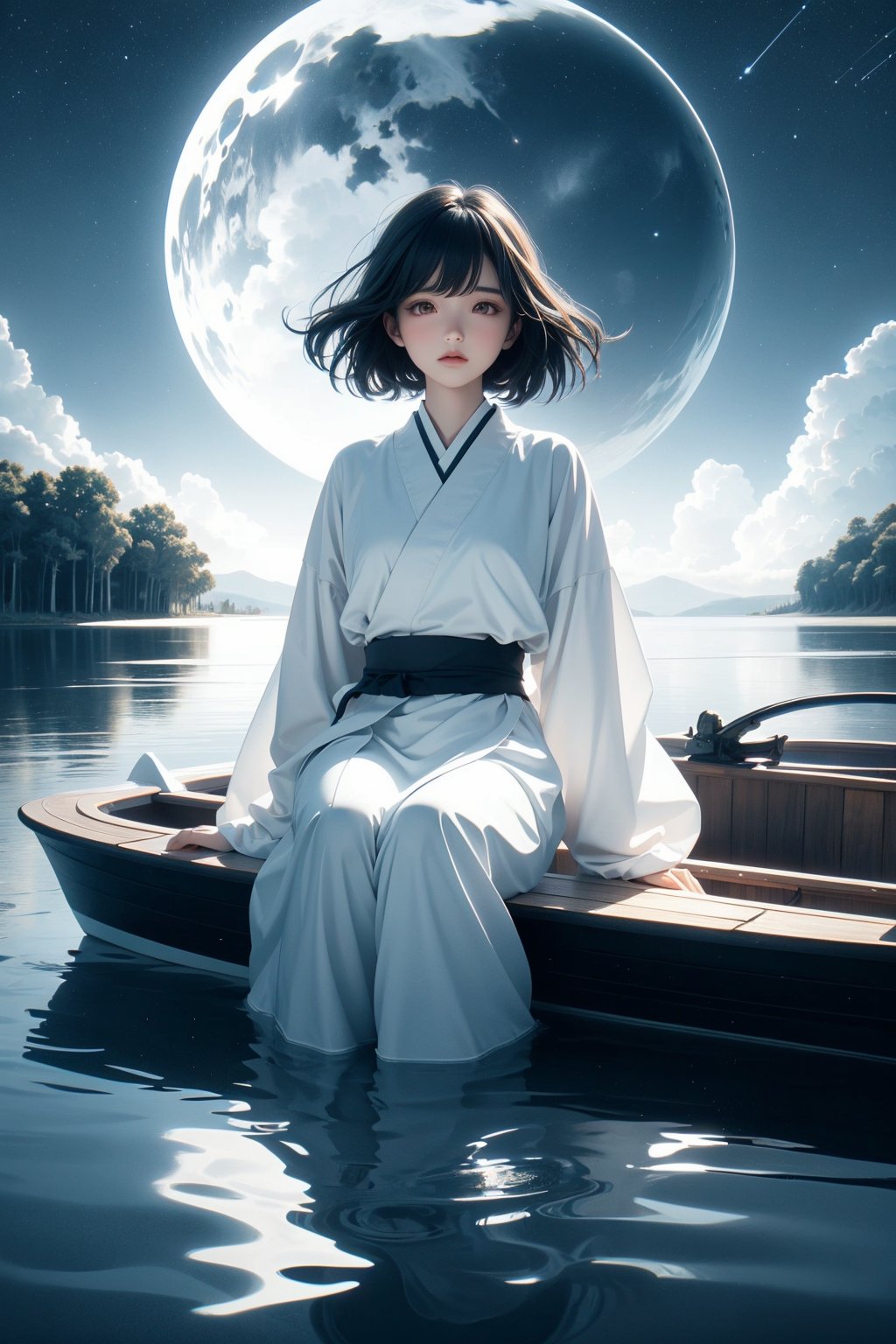 (((boat))),moon,1girl,(((watercraft))),lily pad,water,solo,((night)),reflection,lotus,lying,(((star (sky)))),ripples,sky,night sky,(((starry sky))),black hair,afloat,on sidet,Chinese style,hanfu,