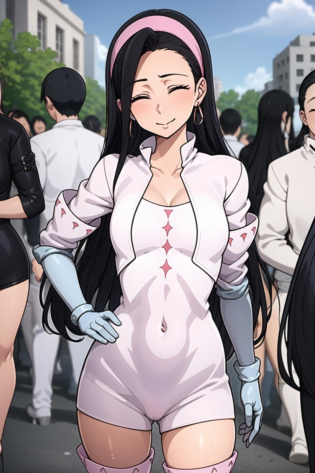 (masterpiece, best quality,ultra detailed),Guila,1girl,headband,long hair,slim,cute,shinny skin,single bangs,bangs,black hair,white outfit,metal glove,jacket,short sleeves,one piece,motif,metal glove,boots),(bare chest,big breasts,earrings,upper body,thigh,sweat,closed eyes,(day,outdoors,streets,crowd,paparazzi),(standing straight) ,<lora:Guila:0.8>