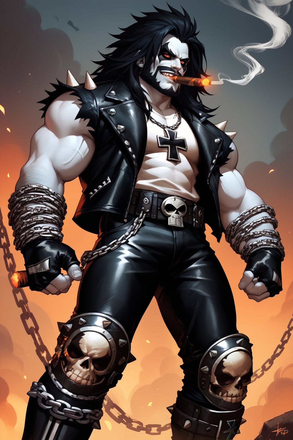 score_9, score_8_up, score_7_up, masterpiece, high quality <lora:LoboPonyLora:1> lbo, pale skin, long hair, face paint, beard, leather vest, fingerless gloves, chains, skulls, belt, leather pants, knee pads, iron cross necklace, buckle, spikes, boots, shirt, smoking cigar