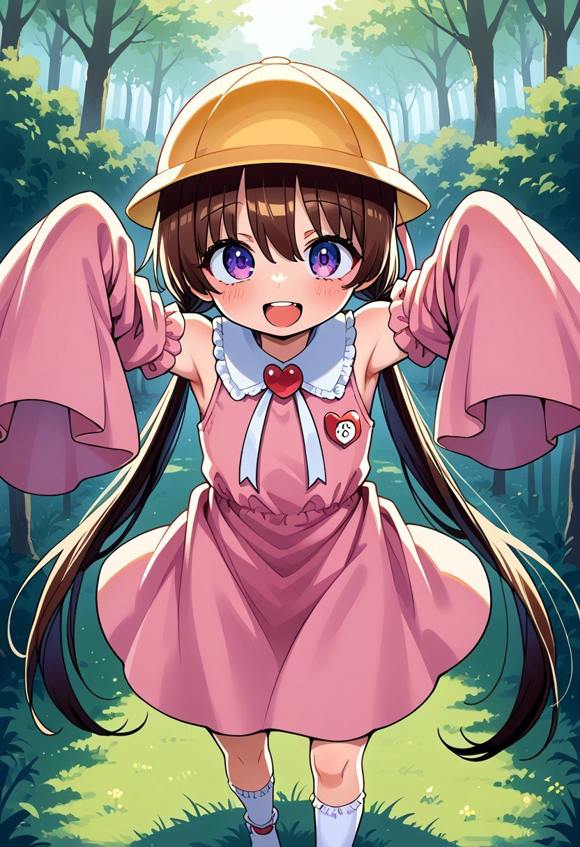 score_9, score_8_up, score_7_up, source_anime, ultra detailed,beautiful face,highres BREAK, 1girl, solo, solo focus, slim, petite, tsukuyomi_ai, brown hair, school hat, yellow headwear, pink dress, sleeves past wrists, sleeves past fingers, detached sleeves, white socks, bobby socks, red footwear, drawers, flat chest, standing, open legs, arms up, smile, open mouth, happy, looking up, from above, outdoor, park, grass field, forest background, perfect lighting,