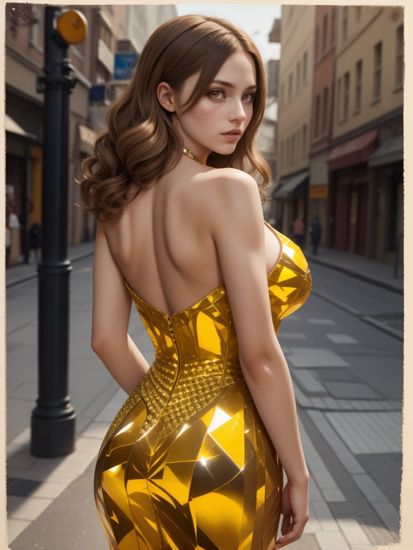 8k, masterpiece, highly detailed, high quality,1girl wearing a yellow (crystalline dress), <lora:crystalline_dress-SD-2.0:0.8>brown hair Bouffant,orange eyes,large breasts,simple background,from behind,