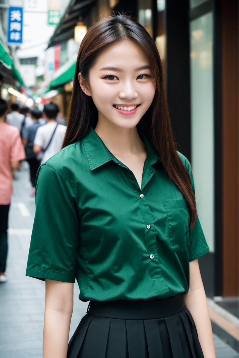 ruru,<lora:greenjk2:0.55>,fashion shot of a high school girl smiling sweetly from side in front of a shopping mal in Taipei street looking at viewer,(intricate details),masterpiece,best quality, realistic, RAW photo, 1 girl,portrait, dark green shirt,black skirt,ponytail,(detail skin:1.2),(smiling sweetly:0.1),natural lighting,film grain,32k ,8k uhd, Fujifilm XT3,