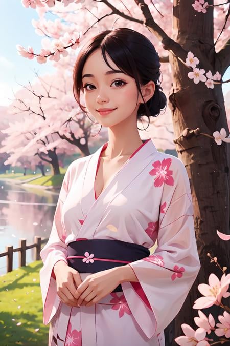 1girl, solo, smile, look away, beautiful see-through Yukata, delicate pattern, beautiful neck , complex background, cherry blossom ,masterpiece, best quality, scenery,  <lora:GoodHands-beta2:0.8>