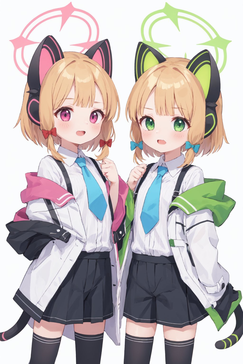 midori \(blue archive\), momoi \(blue archive\), 2girls, pink eyes, green eyes, short hair, sidelocks, pink halo, green halo, fake animal ears, cat tail, red hair bow, green hair bow, pink and white jacket, green and white jacket, white shirt, collared shirt, suspenders, blue necktie, black skirt, black shorts, black thighhighs <lora:midori_momoi:1>