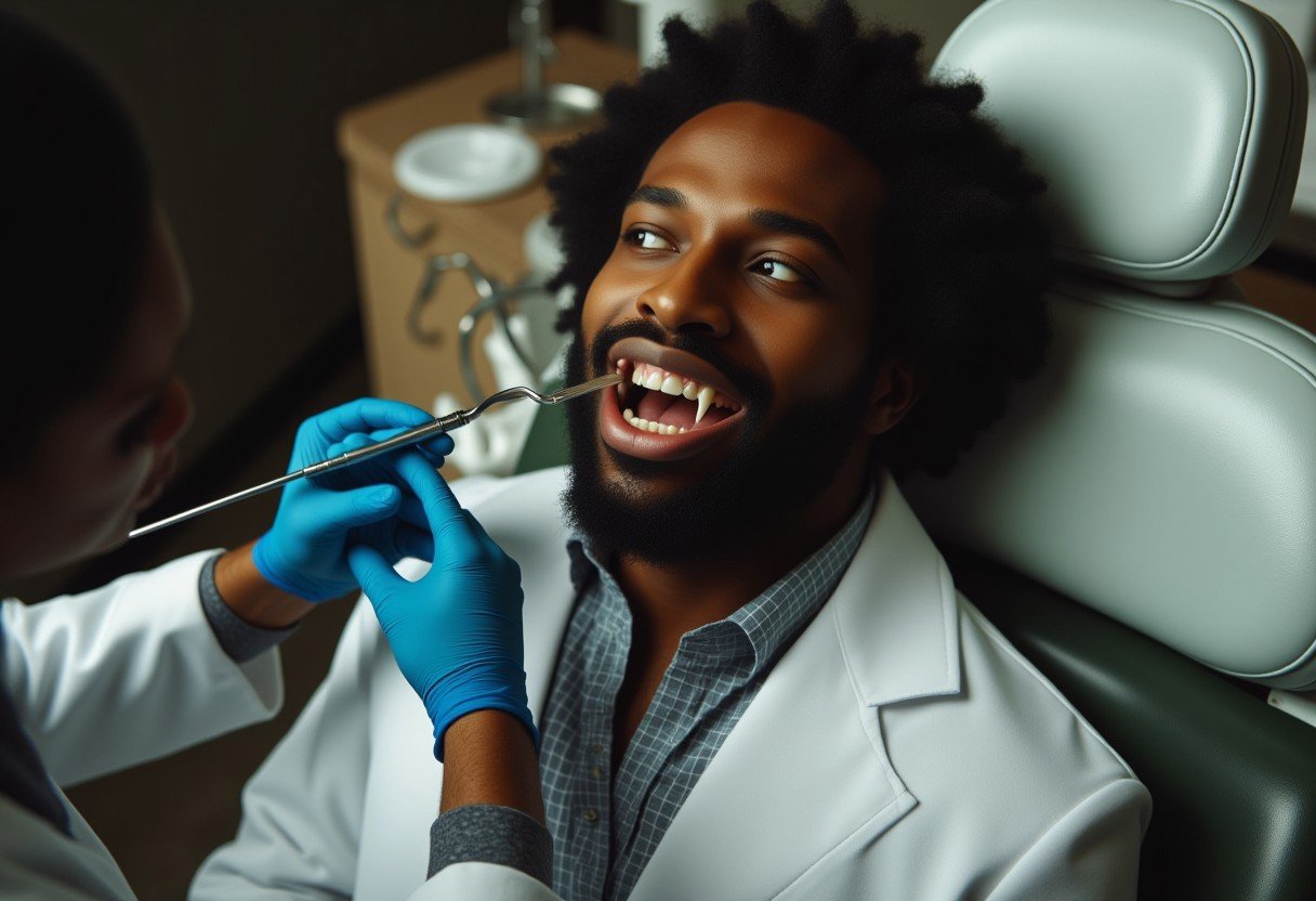 Vampyfangs1. a film still photo. 35mm. 4k. From a 2003 movie. a black Jamaican vampire and is showing off his fangs, he is getting his teeth checked at the dentist.