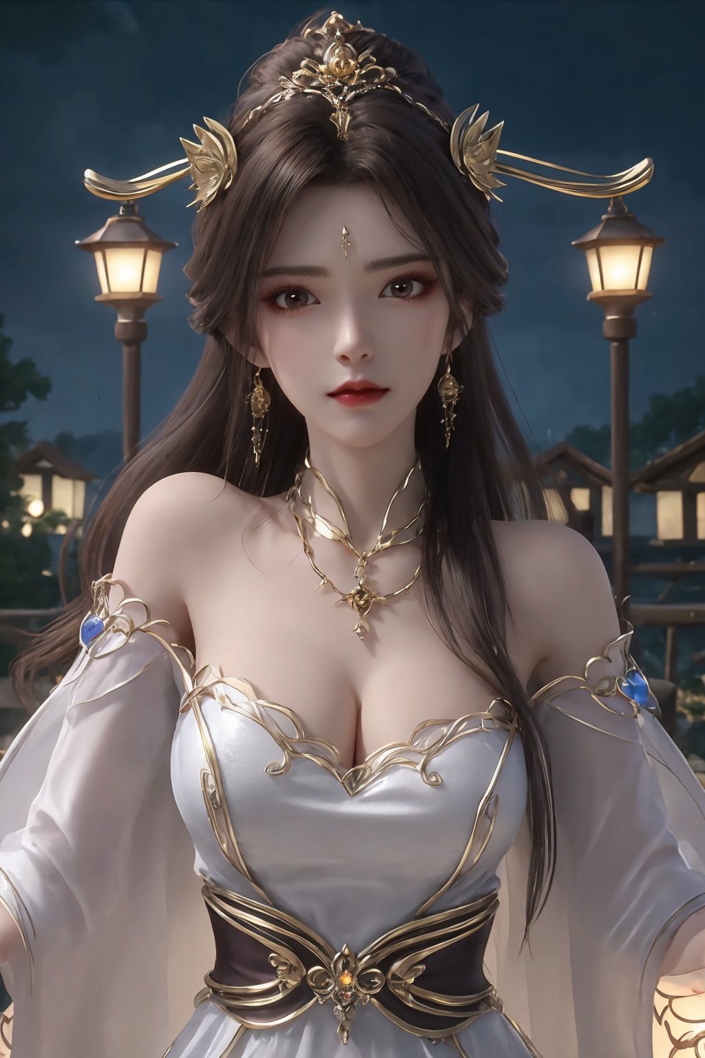 1girl, breasts, brown eyes, brown hair, building, cleavage, dress, earrings, hair ornament, jewelry, lantern, lips, long hair, looking at viewer, necklace, night, paper lantern, solo, white dress <lora:天穹1.0:0.8>