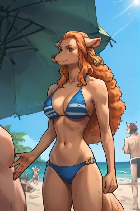 score_9, score_8_up, score_7_up,wanda, dog girl, furry,body fur, brown fur, long hair, orange hair, brown eyes, animal ears, dog ears, tail, animal face, snout,bikini, outdoors, beach, under beach umbrella,simple background, depth of field, wide side shot, smile, closed mouth,<lora:wanda-pony:0.85> <lora:Smooth Style 2 SDXL_LoRA_Pony Diffusion V6 XL:0.8>