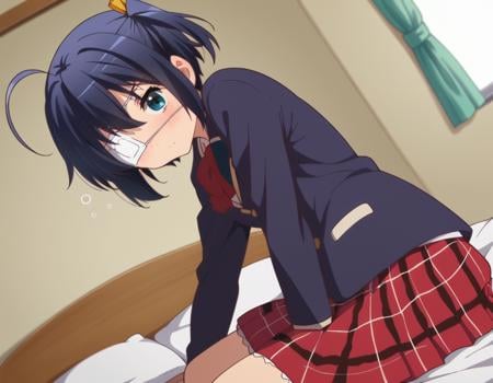 score_9, score_8_up, score_7_up, source_anime,rikkatakanashi, <lora:rikka-takanashi-s2-ponyxl-lora-nochekaiser:1>,rikka takanashi, short hair, blue eyes, black hair, ahoge, one side up, eyepatch, medical eyepatch,skirt, school uniform, jacket, plaid, kneehighs, plaid skirt, blazer, icho private high school uniform,indoors, bed, bed room, on side, blush, drunk,looking at viewer, cowboy shot, dutch angle, solo,