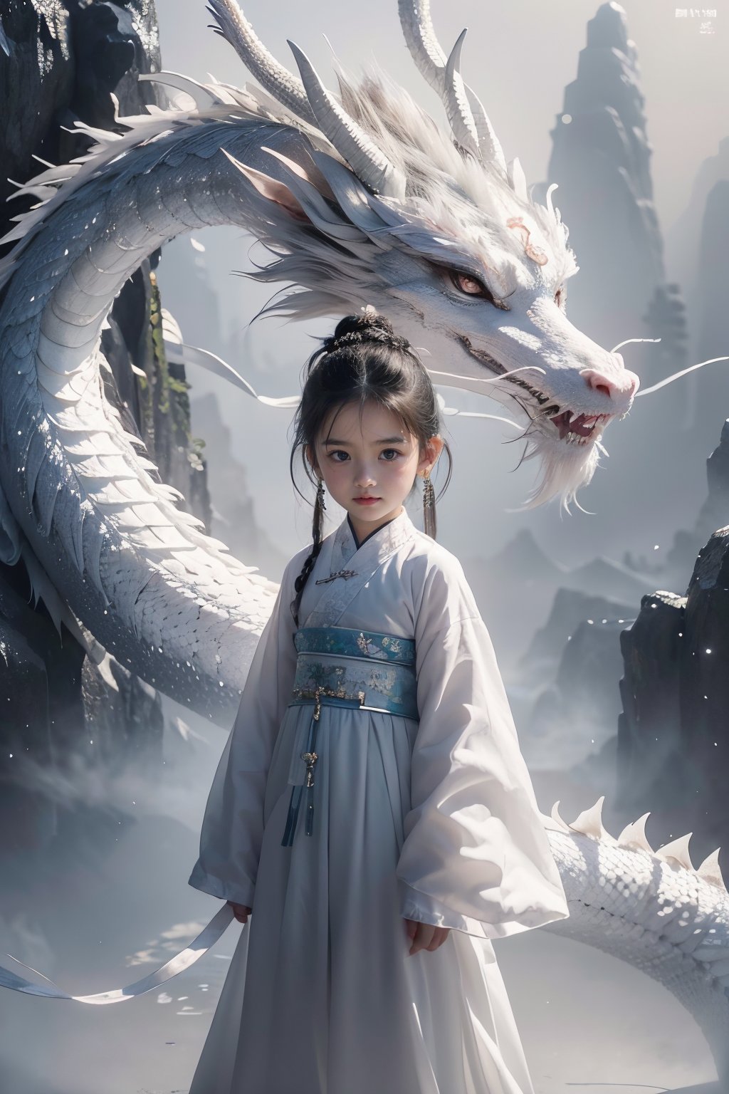 5-year-old girl,chinese clothes,the chinese dragon has been turning around behind,hair ornament,hanfu,long sleeves,black hair,looking at viewer,flower,standing,arms at sides,hair bun,solo,dress,outdoors,single hair bun,black eyes,jewelry,wide sleeves,earrings,sash,red lips,scales,hair stick,<lora:BAILONG_20240512211429-000008:0.8>,