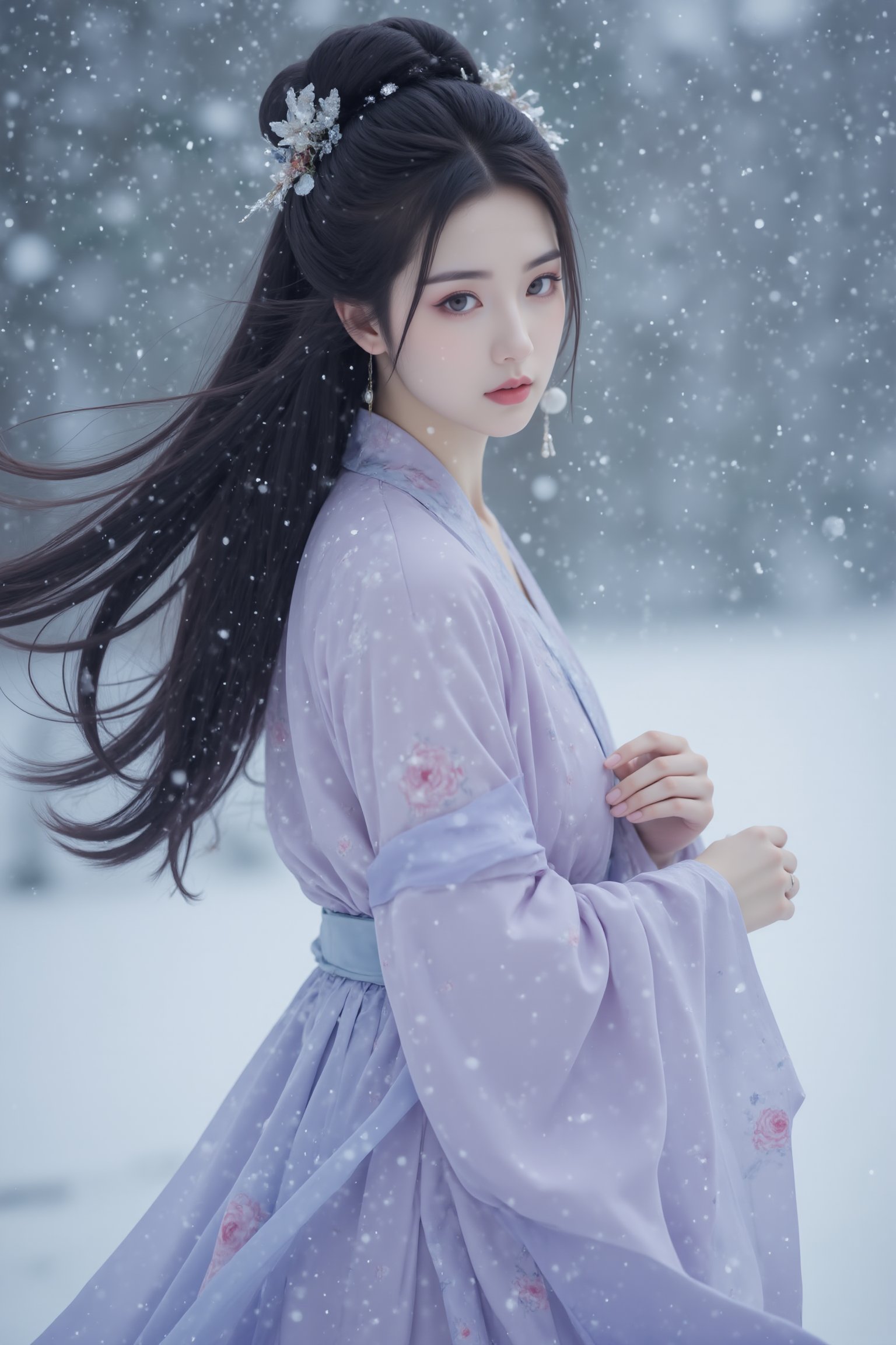 1girl,solo,black hair,hair ornament,long sleeves,floor-length skirt,jewelry,closed mouth,standing,earrings,outdoors,Tang Dynasty courtesans,wide sleeves,narrative photography,hair bun,blurry,makeup,blurry background,floral print,snow,snowing,winter,updo,cover art,high quality,<lora:极品超模V8_2.0:0.8>