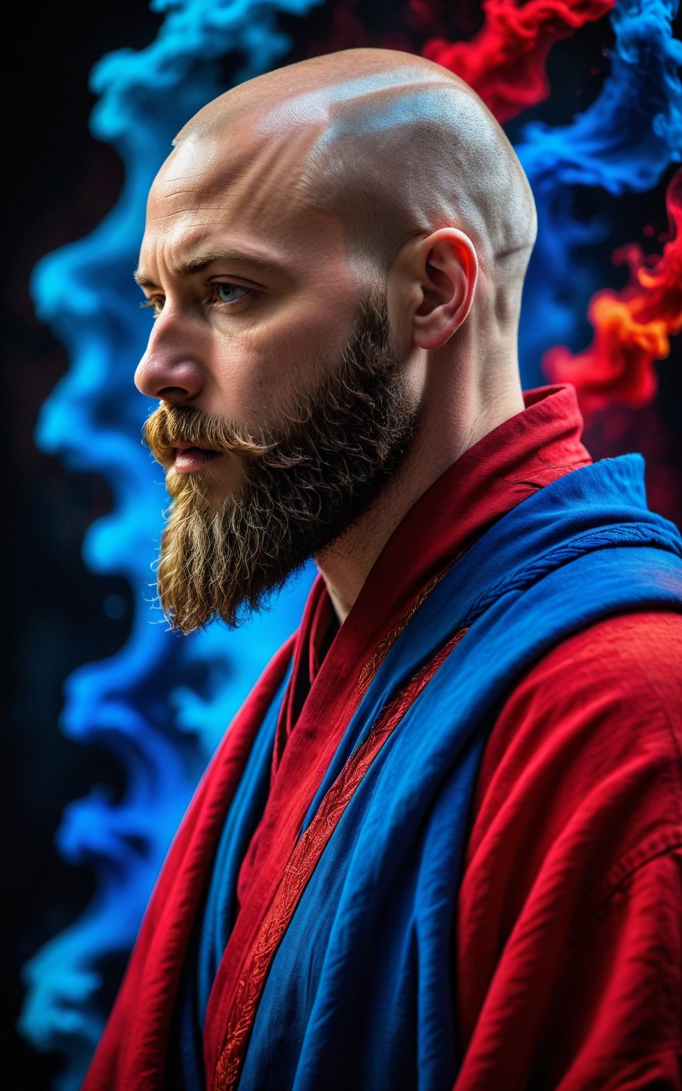 (best quality, 4K, 8K, high-resolution, masterpiece), ultra-detailed, realistic, photorealistic, portrait of a man with a beard, side profile, intense expression, shaved head, red and blue color scheme, dramatic lighting, flowing robes, abstract background, red tones, blue tones, high contrast, textured clothing, dynamic composition, high detail, high resolution, 1man, solo, side view, red robes, intense gaze.