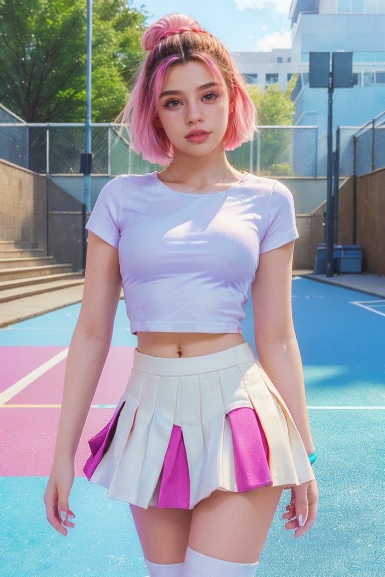 Highest quality, perfect masterpiece, perfect art, 8K, (  energetic girl, wearing pink-blue-red color-block sneakers, urban  style dressing, top is clean babes white T-shirt, light blue pleated skirt, socks with white as the main color pink stripes, the environment is a  court; The weather is clear and cloudy; The overall color tone is bright; thick coating style; , delicate face, white hair girl, (white hair: 1. 3), medium and short hair, (black background: 1. 3), pearl illusion, cyberpunk, fashion trends, 3s material, HD, detail performance, c4d, 3D, octane rendering, ray tracing, complex details, animated lighting, OCrenderer, 8k, ,<lora:n1l4-07:0.8> 