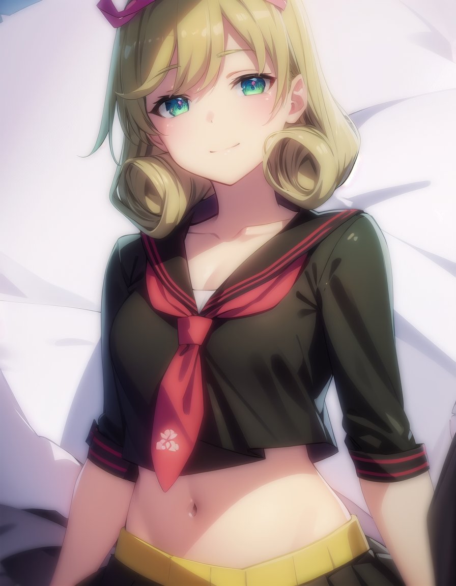 skharuka, <lora:sk haruka s1-lora-nochekaiser:1>,haruka, short hair, blonde hair, (green eyes:1.3), hair bow,BREAK skirt, bow, navel, necktie, serafuku, midriff, crop top, (black serafuku:1.2),BREAK outdoors, beach,BREAK looking at viewer, (cowboy shot:1.5), smile,BREAK <lyco:GoodHands-beta2:1>, (masterpiece:1.2), best quality, high resolution, unity 8k wallpaper, (illustration:0.8), (beautiful detailed eyes:1.6), extremely detailed face, perfect lighting, extremely detailed CG, (perfect hands, perfect anatomy),