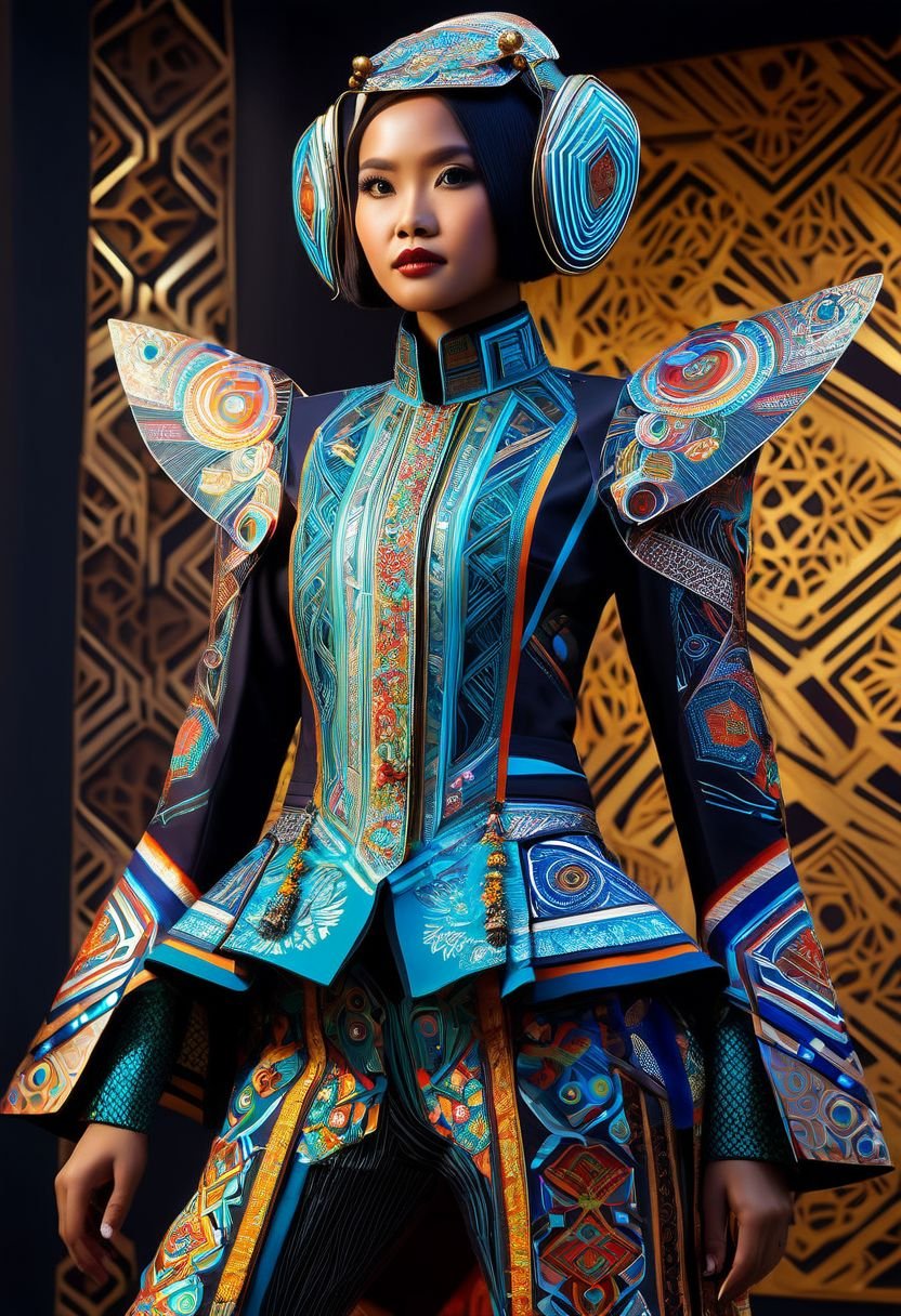 An Indonesian-styled futuristic suit worn by a girl depicting cultural fusion and modern fashion. The suit is adorned with intricate patterns and vibrant colors, showcasing the rich heritage of Indonesia. The girl stands confidently in a dynamic pose, with her detailed eyes reflecting determination and curiosity. The suit's material is a combination of traditional textiles and futuristic synthetic fabrics, giving it a unique and avant-garde appearance. The overall image quality is of the highest standard, with sharp focus and ultra-detailed rendering. The artwork employs physically-based rendering techniques, resulting in realistic lighting and shadows. The colors are vivid and vibrant, capturing the essence of Indonesian cultural aesthetics. The background features a fusion of modern architecture and traditional elements, creating a harmonious blend of the past and the future. The prompt explores the intersection of Indonesian culture, futuristic design, and the artistic representation of a confident girl