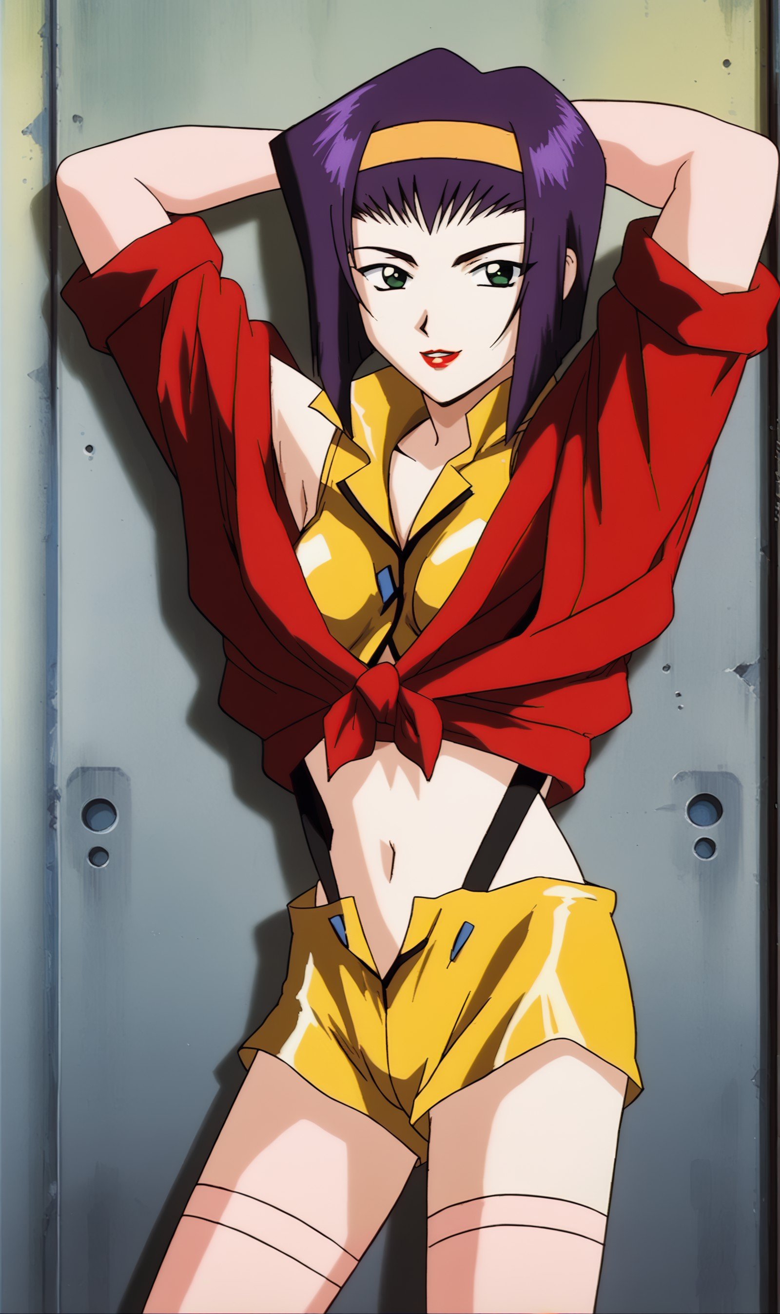FV, 1girl, solo, purple hair, yellow hairband, lipstick, green eyes, yellow crop top, red jacket front tied, suspenders, yellow short shorts, upper body, retro artstyle, portrait, arms behind head, sleeves rolled up,  leaning against wall, looking at viewer, smile, <lora:Faye Valentine Pony XL:1>