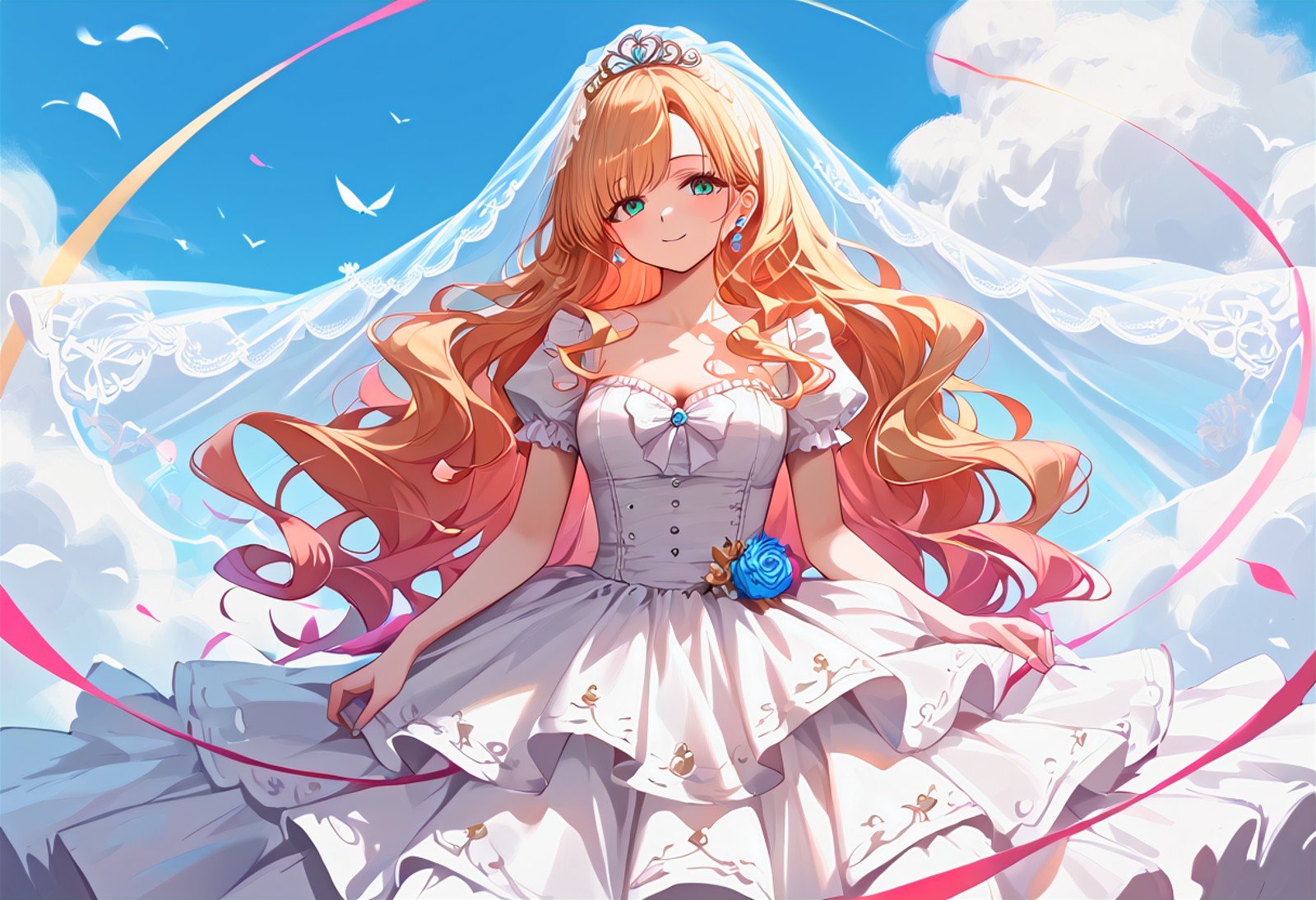 <lora:WD-XLPony_006:0.7>, 1girl, multicolored,wavy hair, wedding dress, clothing with intricate frills and embroidery, bridal veil, luxurious clothing, shrines, detailed background, incredibly absurdres, colorful, HD, hyper detailed, ultra detailed, score_9, score_8_up, score_7_up, source_anime, perfect anatomy, masterpiece, best quality, very aesthetic