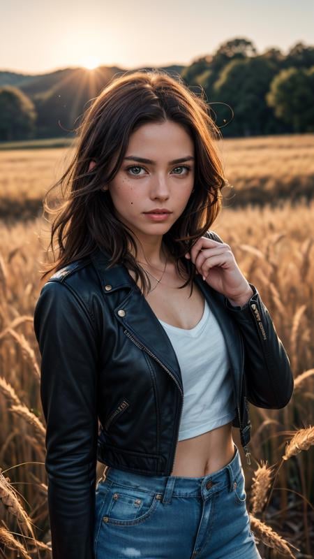 (masterpiece, best quality, highres:1.2), (photorealistic:1.2), raw photo, (Belén Rodríguez), young, very slim, skinny, long, straight hair, (light smile:0.8), black mole above the lip, wearing leather jacket and ripped jeans, wheat field, picturesque, rural background, (film grain:1.3), (morbid light:1.2), exposure blend, upper body shot, bokeh, dim light, (hdr:1.4), high contrast, sharp, colorful, ultra realistic,  cinematic, blue and yellow:0.85), (muted colors, dim colors, soothing tones:1.3), low saturation, morbid