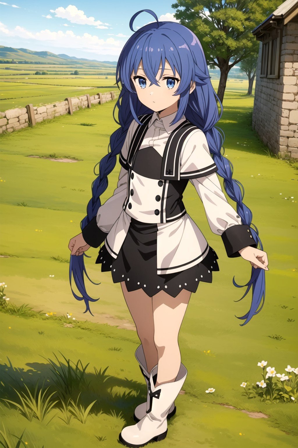 (masterpiece:1.4), (best quality:1.4), (((pixel-perfect, detail-perfect))), 1girl, petite body, solo, roxy migurdia, blue hair, long hair, hair between eyes, ahoge, twin braids, blue eyes, small breasts, white collared shirt, long sleeves, wide sleeves, white capelet, black skirt, black socks, white boots, panties, pantyshot, (jitome:1.2), (detailed background, outdoors, grasslands, courtyard:1.35), flat, flat colors, 2D, (anime:1.3), <lora:Roxy Migurdia (Mushoku Tensei):0.7>