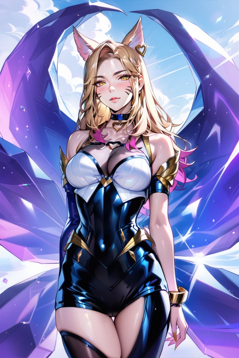 (Masterpiece), mature, HDR,UHD,8K, best quality, Highly detailed, physically-based rendering, extreme detail description, perfect skin, shiny skin, shiny hair,perfect face, 1girl, kda1, blonde hair, yellow eyes, thighighs, facial mark, animal ears, tail, choker,Ahri, K/DA Ahri, bare shoulders, arm straps,LeagueOfLegendsAhri, long hair, bracelet, jewelery, heart choker, multiple tails, idol, cleavagefox ears, earrings,black leotard, white top, high thighhighs, magenta tail, ((black thighhighs))<lora:EMS-335737-EMS:0.600000>, <lora:EMS-388761-EMS:0.100000>, <lora:EMS-408948-EMS:0.800000>