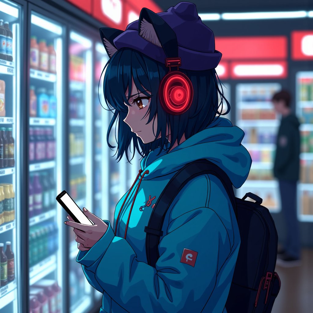 anime girl in a hat and coat using a cell phone,girl wearing headphones,pixiv frontpage,popular on pixiv,convenience store,(art station),top rated on pixiv,lofi girl,red headphones,shopping groceries,at pixiv,very detailed background,wearing a neon blue hoodie,getting groceries,headphones,mysterious coffee shop girl,detailed background,pixiv style,urban girl fanart,digital art on pixiv,wearing cat ear headphones,pixiv trending,lofi girl aesthetic,stood in a supermarket,she is holding a smartphone,checking her phone,neon shops,art - station,art-station,wearing modern headphone,inside a supermarket,wlop : :,photograph of a techwear woman,