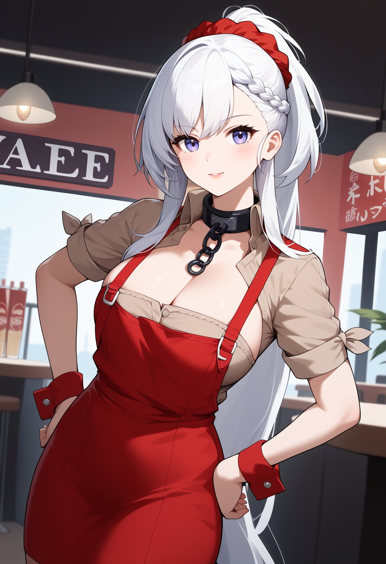 score_9, score_8_up, score_7_up, score_6_up, score_5_up, score_4_up, source_anime, aabelfast, long hair, french braid, ponytail, hair scrunchie, collar, chain, cleavage, brown shirt, short sleeves, wrist cuffs, red apron, <lora:belfast_(azur_lane)_ponyxl_1:0.9>, restaurant, hands on own hips, 