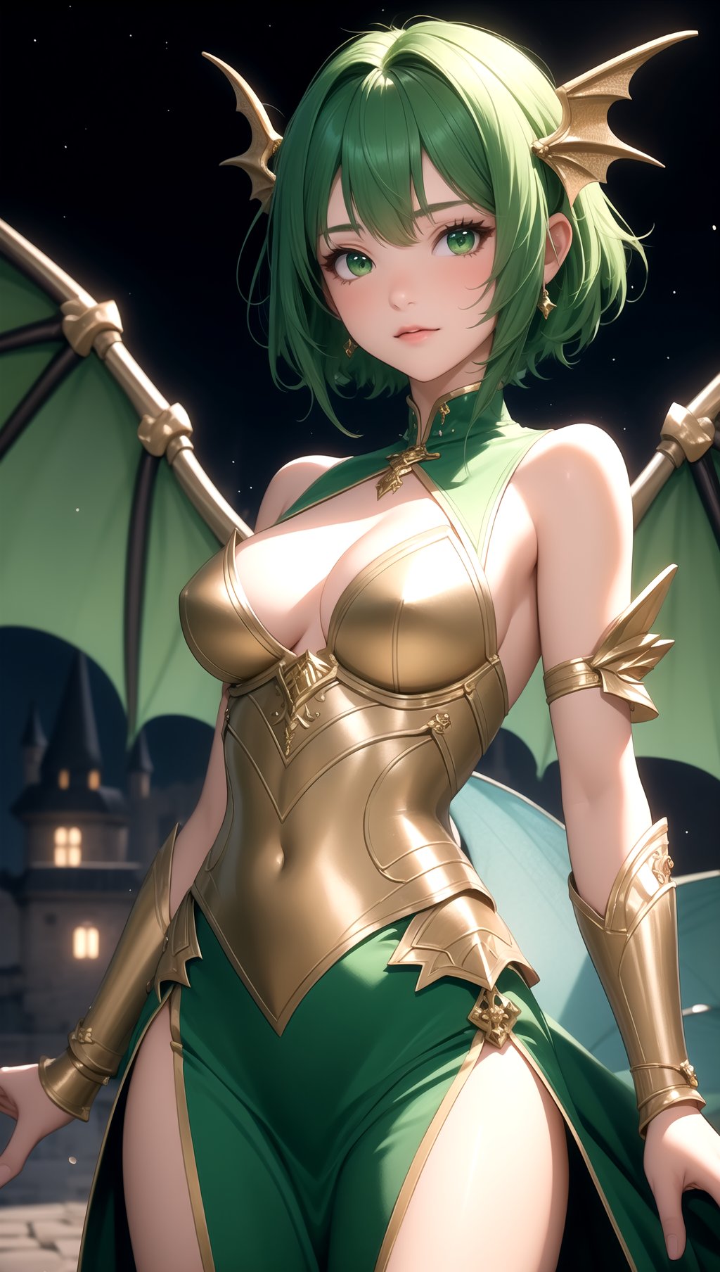 (masterpiece, best quality), 1girl, green hair, green eyes, short hair, Dragon princess-inspired metallic scalemail dresses with dragon wings, castle, night, shy, looking at viewer,
