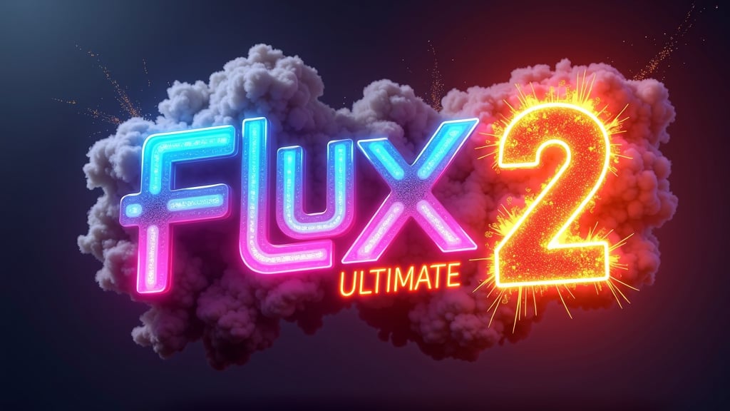 Logo in neon lights, 3D, colorful, modern, glossy, neon background,with a huge explosion of fire and smoke, the text reads 'FLUX 2 ULTIMATE ",