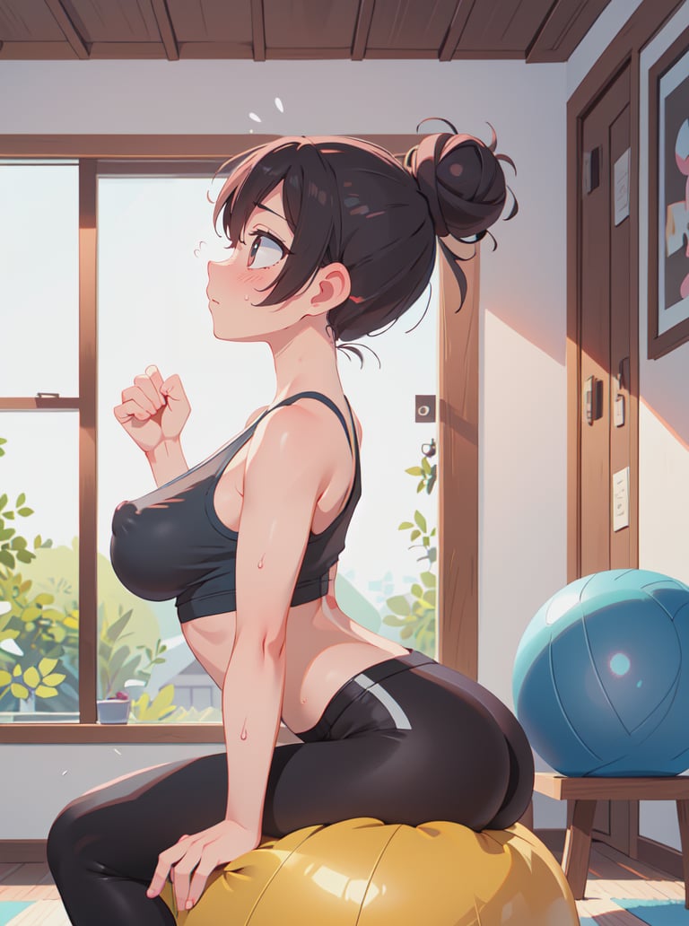 8k, masterpiece, highly detailed, high quality,1girl with (swooping breasts) <lora:swooping_breasts-SD-1.0:1.2>exercise ball, yoga pants, (black tank top), upper body, housewife, from side, sweatdrop, messy hair bun, exhausted, ((sitting on exercise ball)), profile, arched back