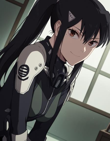 score_9, score_8_up, score_7_up, source_anime, <lora:mina-ashiro-s1-ponyxl-lora-nochekaiser:1>, mina ashiro, long hair, black hair, hair ornament, brown eyes, ponytail, mole, mole under eye,, bodysuit, black bodysuit, indoors, bent over, smile, looking at viewer, solo,, cowboy shot, dutch angle