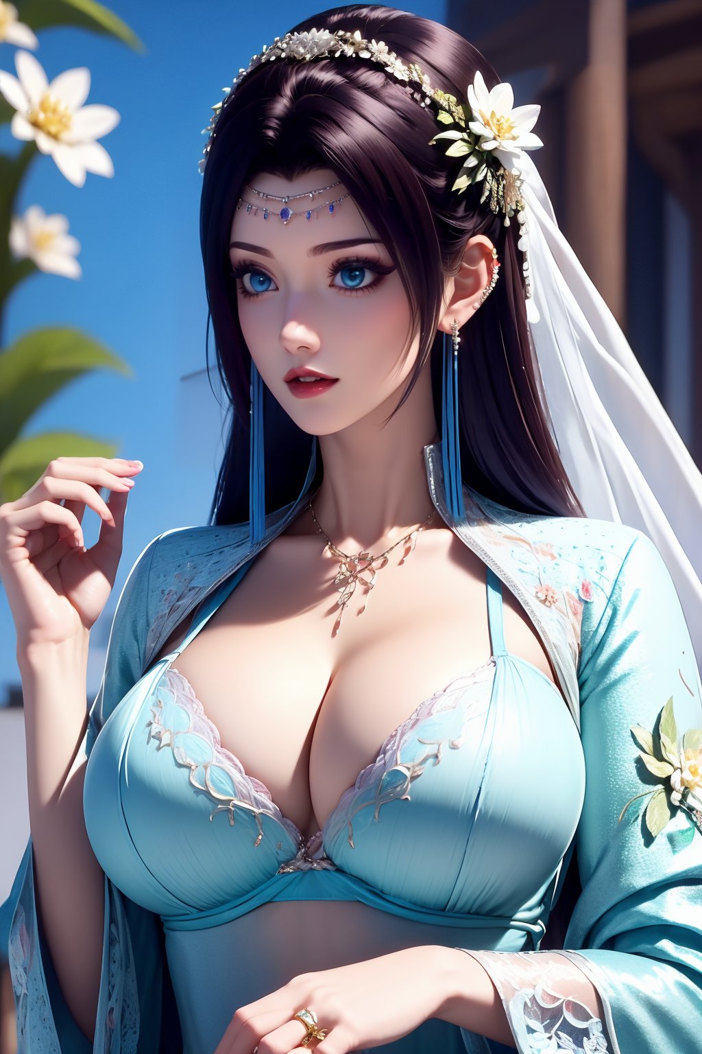 1girl, jewelry, solo, breasts, earrings, upper body, long hair, blue eyes, hair ornament, cleavage, black hair, ring, dress, parted lips, large breasts, bra, flower, blurry background, underwear, white dress, hair flower, veil, blurry, teeth, collarbone, brown hair, looking to the side, hand up, necklace, blue bra, indoors, lips