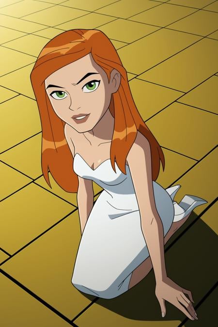 score_9, score_8_up, score_7_up, score_6_up, score_5_up, score_4_up, BREAK, 1girl, <lora:Gwen_Tennyson-000005:.7>, Gwen Tennyson, orange hair, long hair, green eyes, white dress, strapless dress, white high heels, kneeling, from above, looking at viewer