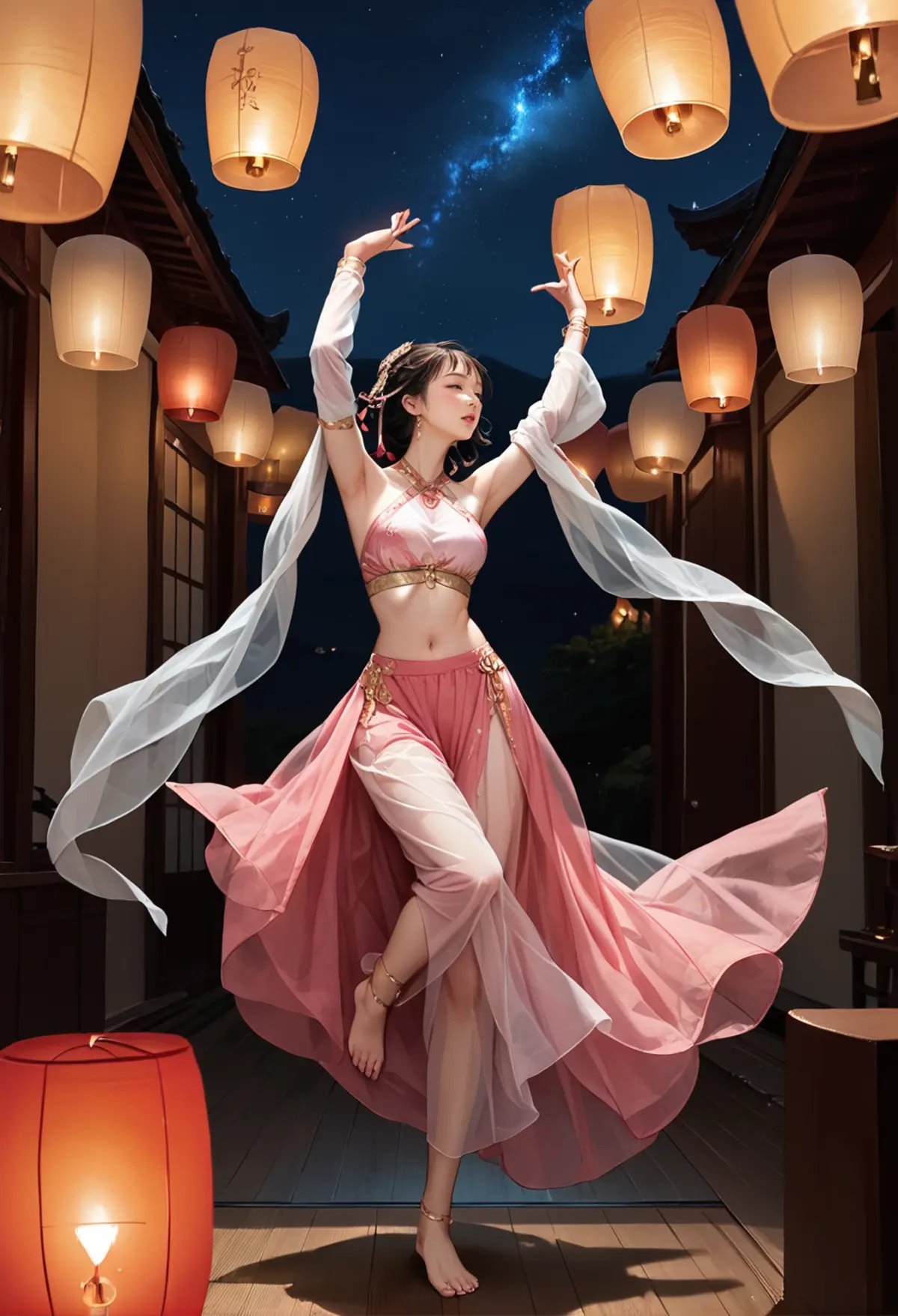 ,ruanyi0799,lantern,glowing,night sky,no humans,dancing,barefoot,,ruanyi0755,halterneck,pink dress,see-through,detached sleeves,jewelry,navel,shawl,<lora:0799 Kongming lantern_v1_pony:1>,<lora:0755 Dunhuang Goddess_v1_pony:0.8>, score_9,score_8_up,score_7_up,,8k,1girl,solo,,